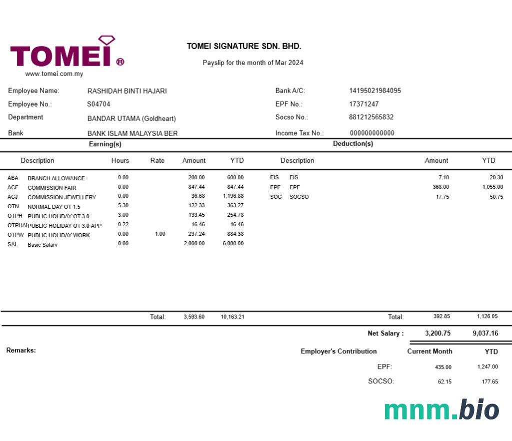 Szablon Tomei Signature jewellery payslip w formatach Word i PDF